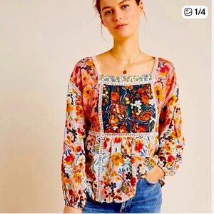 Anthropologie Maeve patchwork top with balloon sleeves and crochet trim detail